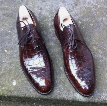 Handmade Dark Brown Derby Crocodile Leather Dress Shoe, Office Shoes For Mens