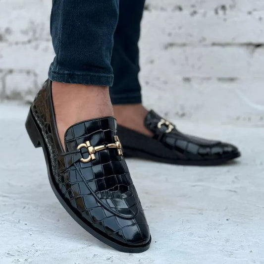 Handmade Black Moccasin Men Crocodile Leather Dress Shoe, Office Shoes For Mens