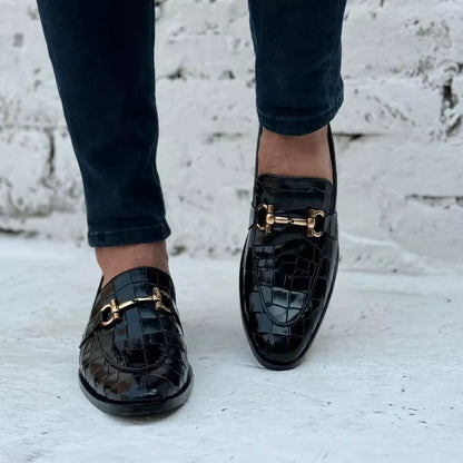 Handmade Black Moccasin Men Crocodile Leather Dress Shoe, Office Shoes For Mens