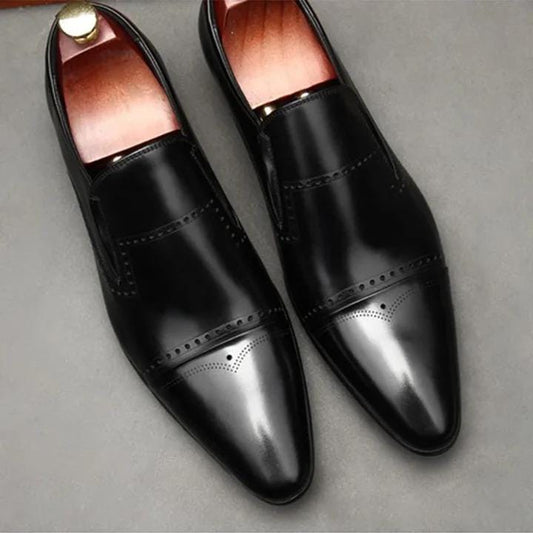 Handmade Men Black Leather Brogue Moccasins Dress Shoes, Office Slip Ons Shoes