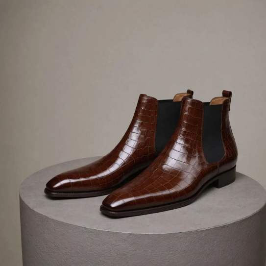 Handmade Men Dark Brown Crocodile Leather Chelsea Ankle Office Boot, Party Boots
