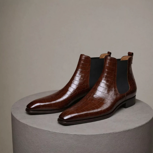 Handmade Men Dark Brown Crocodile Leather Chelsea Ankle Office Boot, Party Boots