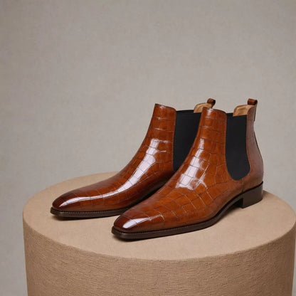 Handmade Men Brown Crocodile Leather Chelsea Ankle Office Boot, Party Boots