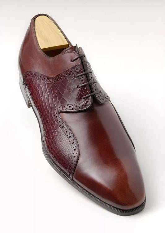 Handmade Mens Brown Crocodile Leather Dress shoes, Men leather derby shoes