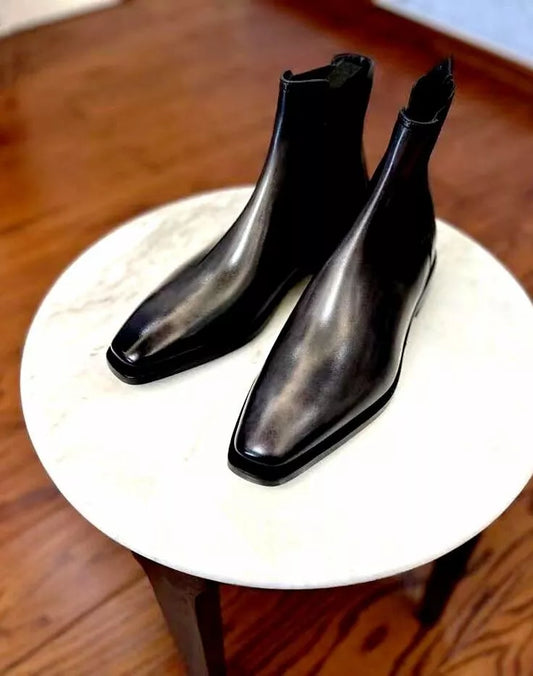 Handmade Men Black Leather Chelsea Office Boot, Ankle Pull On Boots, Party Boots