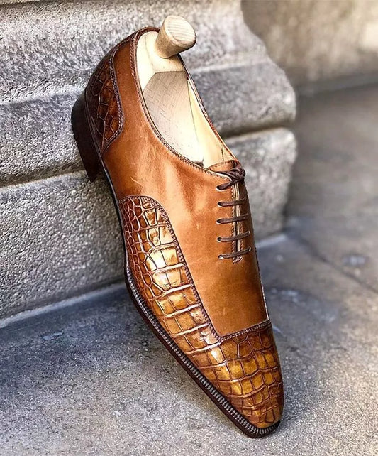Handmade Tan Genuine Crocodile Leather Lace Up Office Shoes For Mens, Dress Shoe