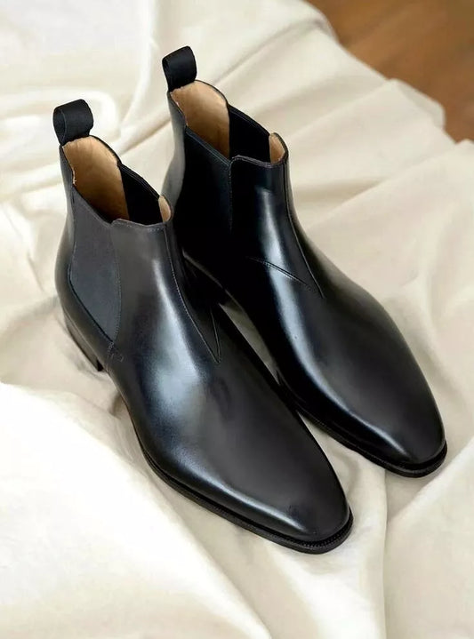 Handmade Men Black Leather Chelsea Office Boot, Ankle Pull On Boots, Party Boot