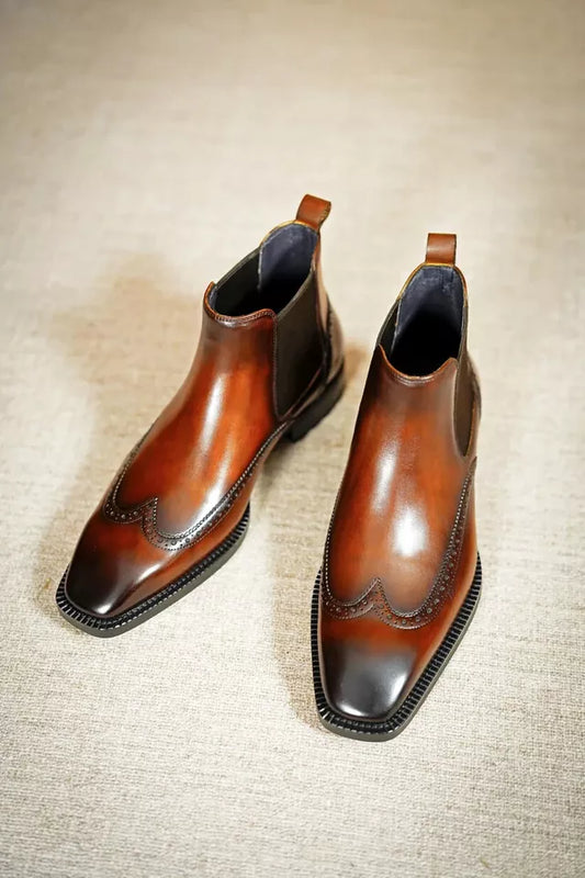 Handmade Men Shaded Brown Leather Chelsea Wing Tip Office Brogue Pull On Boots