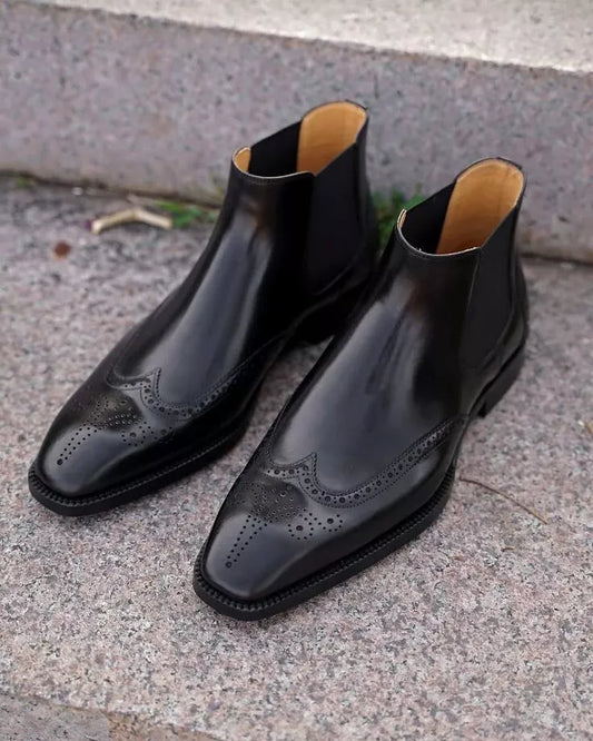 Handmade Men Black Leather Chelsea Wing Tip Office Brogue Pull On Boots
