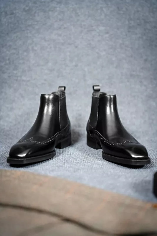 Handmade New Leather Chelsea Black Wing Tip Office Brogue Pull On Boots