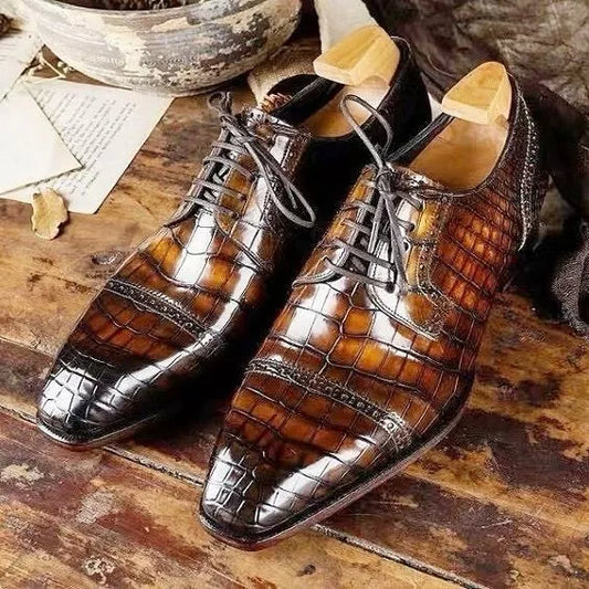 Handmade Men Tan Brown Crocodile Leather Lace Up Brogue Business Shoes For Mens