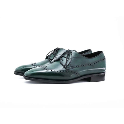 Handmade Green Men Wing Tip Dress Shoes, Brogue Leather Derby Shoe, Oxford Shoes