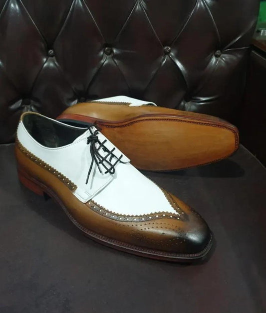 Handmade Premium Quality Brown and White Leather Lace up Derby Brogue Dress Party Shoes