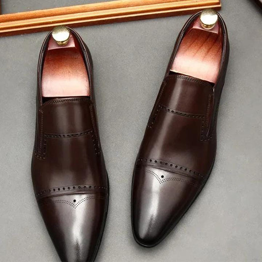 Handmade Men Brown Leather Brogue Moccasins Dress Shoes, Office Slip Ons Shoes