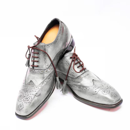 Handmade Mens Leather Gray Lace Up Wingtip Stylish Brogue Shoes For Men, Lace up Dress Formal Shoes For Men, Wedding Shoes, Christmas Gift