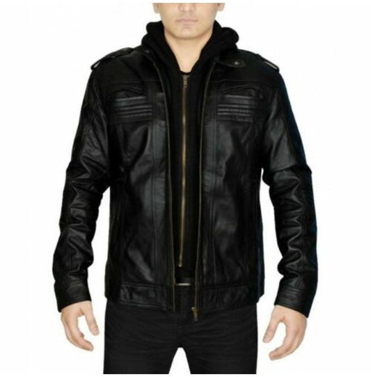 New Men Black Leather Hooded Biker Jacket, Motorcycle Leather Jacket, Biker Jacket For Men,Black Leather Jacket For Men