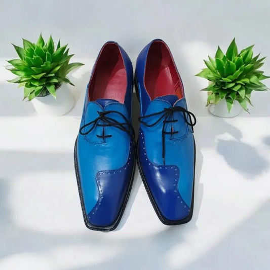 Handmade Genuine Two Tone Blue Leather Oxford Wingtip Lace up Dress/Formal Shoes