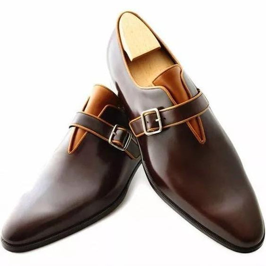 Handmade men brown leather shoes with monk strap, monk shoes, brown office shoes