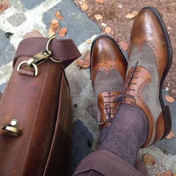 Handmade Men Brown Leather and Gray Suede Wing Tip Brogue Dress Shoes, Formal Shoes