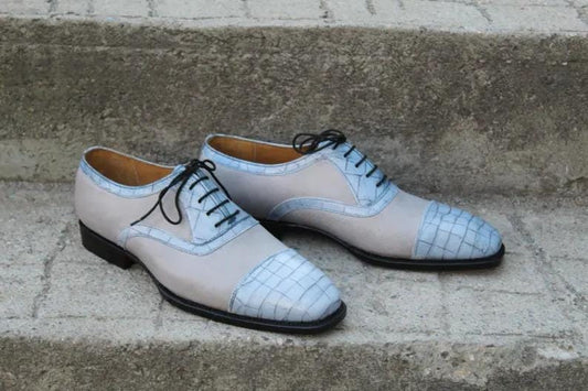 Handmade Premium Quality Gray and Sky Blue Croc Print Leather Oxford Lace up Dress Party Shoes