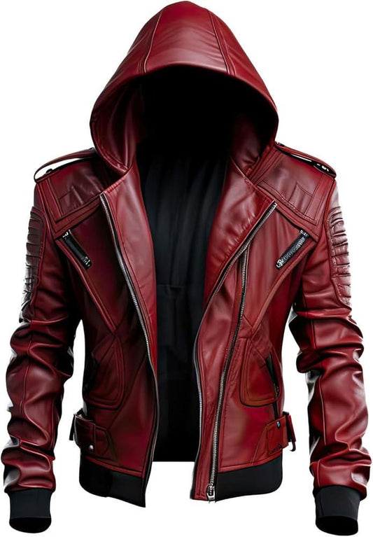 New Men Leather Jacket Red & Maroon Genuine men Leather Jacket real Sheepskin biker jacket Hooded Motorcycle Jacket handmade cosplay jacket
