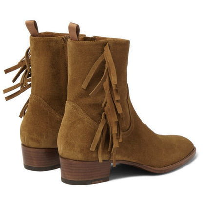 Handmade Men Tan Color Ankle High Fringed Ankle High Suede Leather Boots, Boots